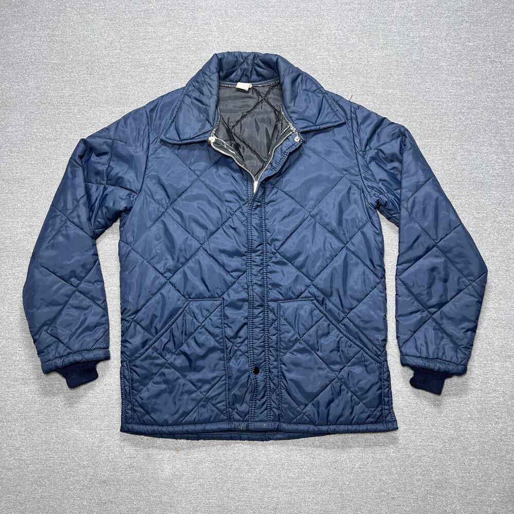 Vintage 60s Quilted Work Jacket Mens Medium Blue Insulated Workwear Diamond